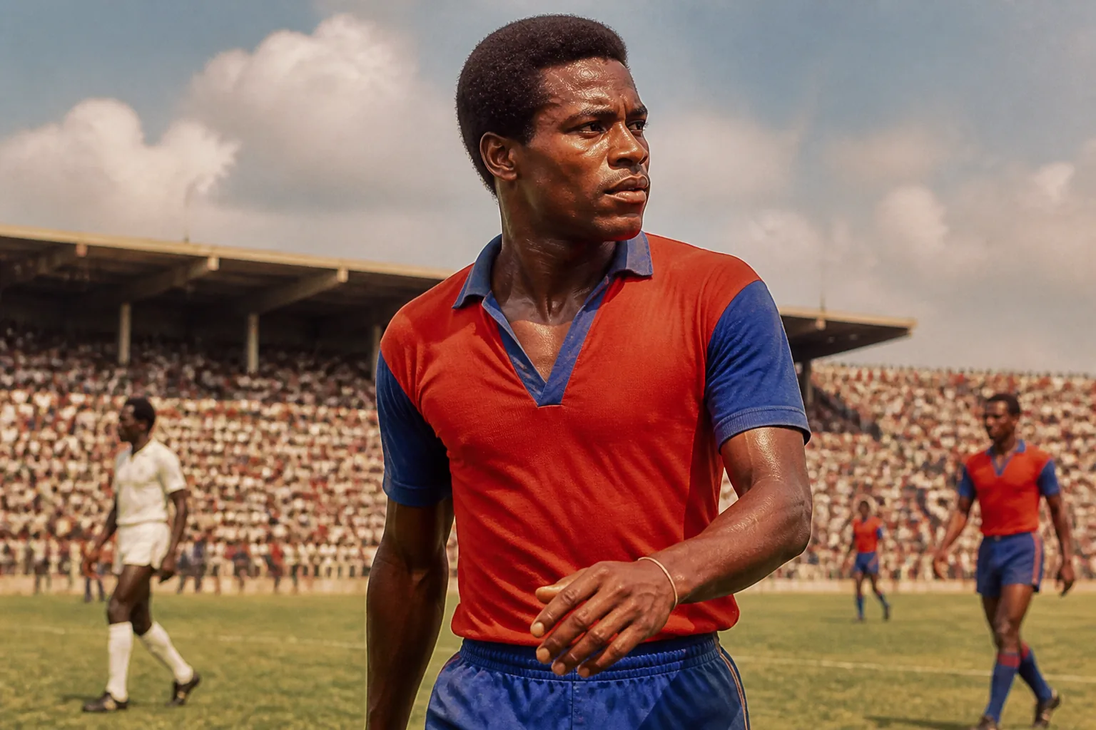 Haiti's celebrated golden generation walking onto a football pitch in a vintage Caribbean stadium