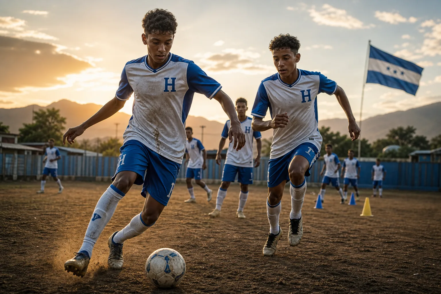 A fictional historical portrait inspired by Honduras midfielder Gilberto Yearwood in a vintage blue-and-white national-team kit
