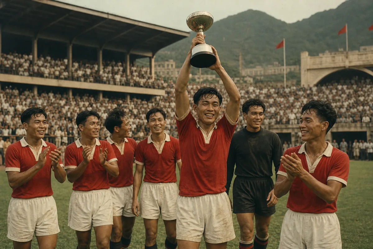 Fictional Hong Kong players celebrating a third-place finish at the inaugural 1956 Asian Cup