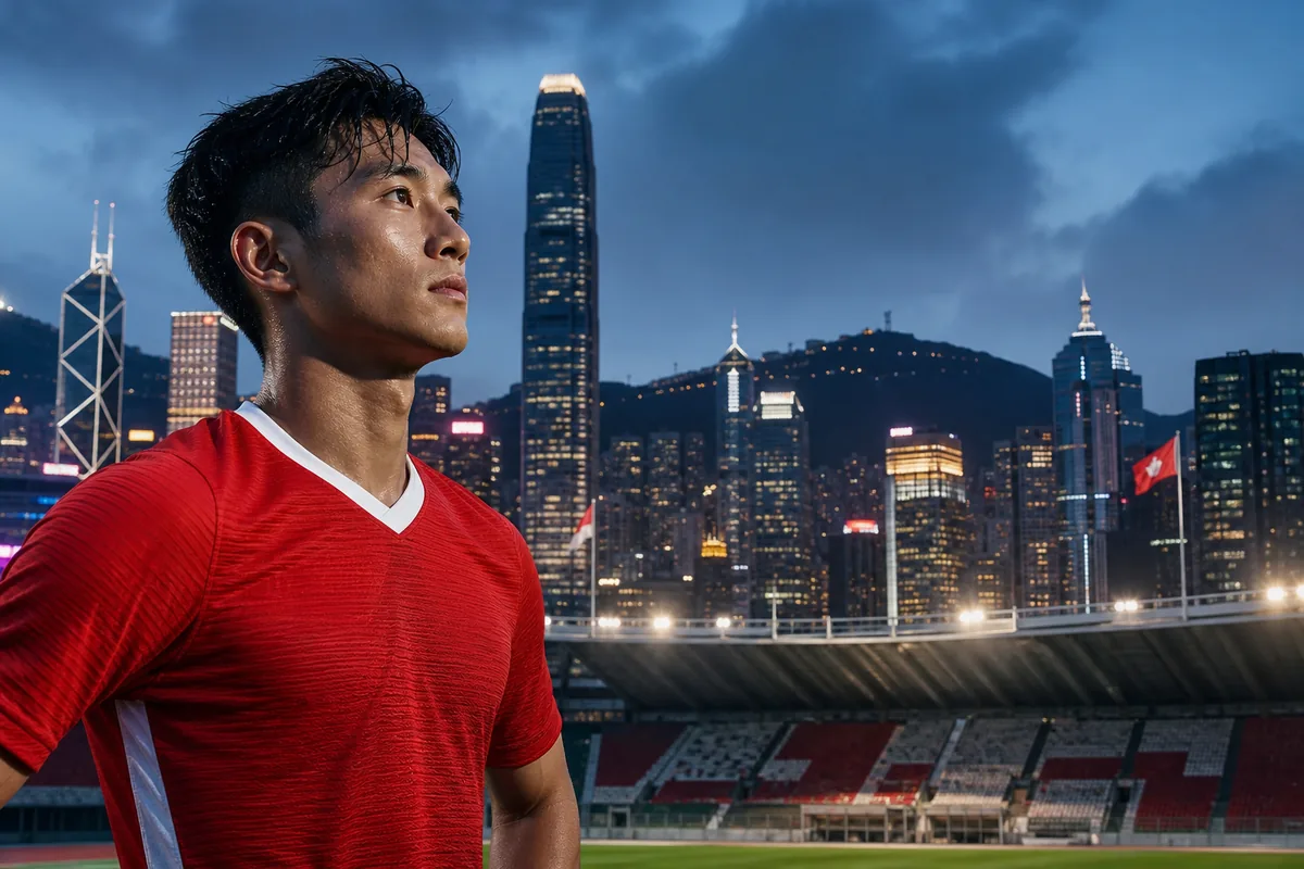A fictional Hong Kong national-team forward inspired by Chan Siu Ki standing before a city stadium with red-and-white flags