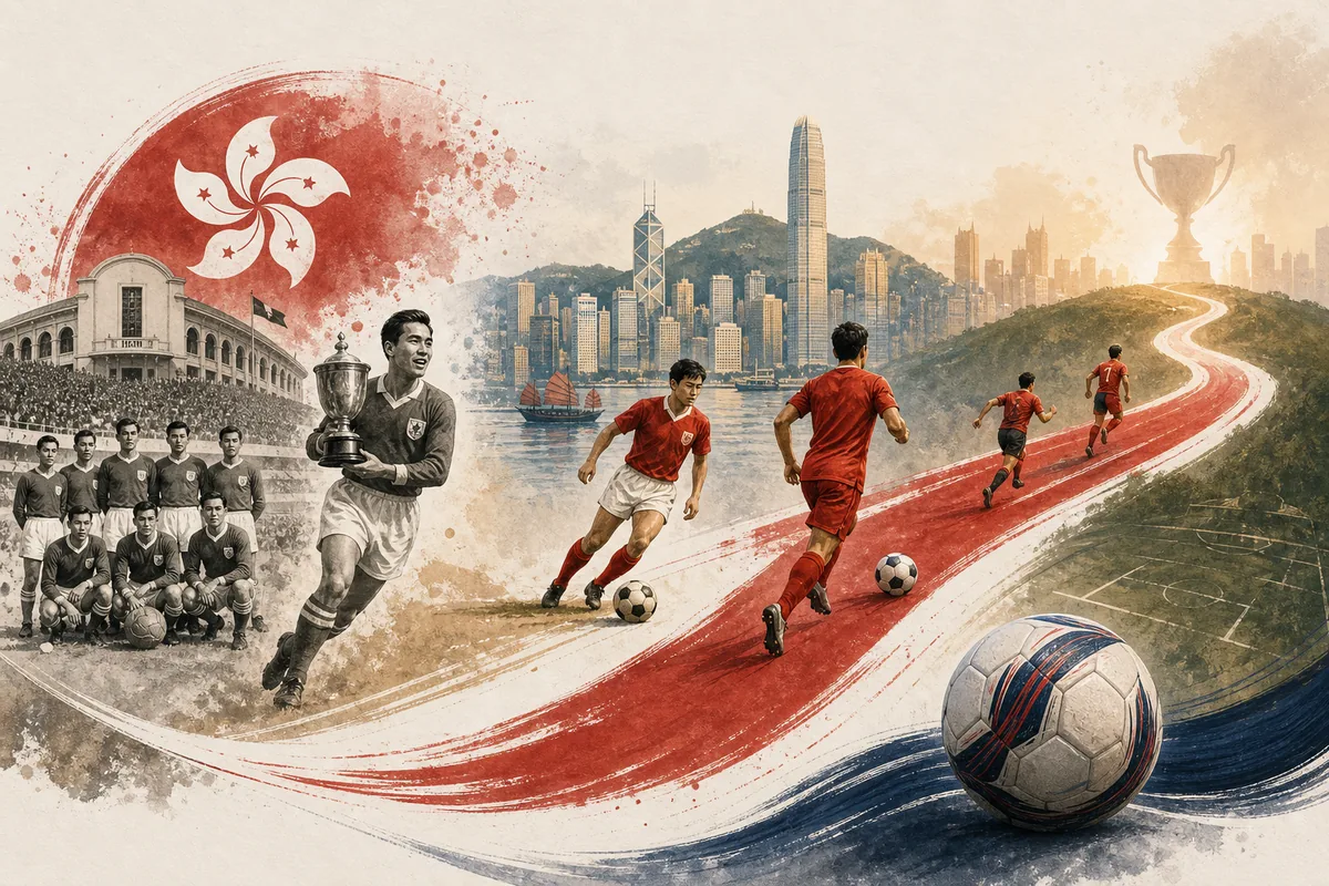 Text-free editorial timeline illustration of Hong Kong's 1956 Asian Cup third place and modern AFC qualifying journey