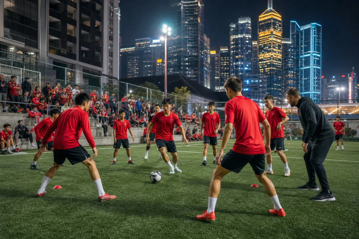 Fictional Hong Kong youth and senior footballers training together on a compact urban pitch