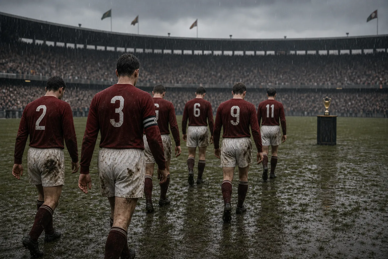 Fictional Hungarian players leaving the rain-soaked 1954 World Cup final as a distant trophy fades behind them