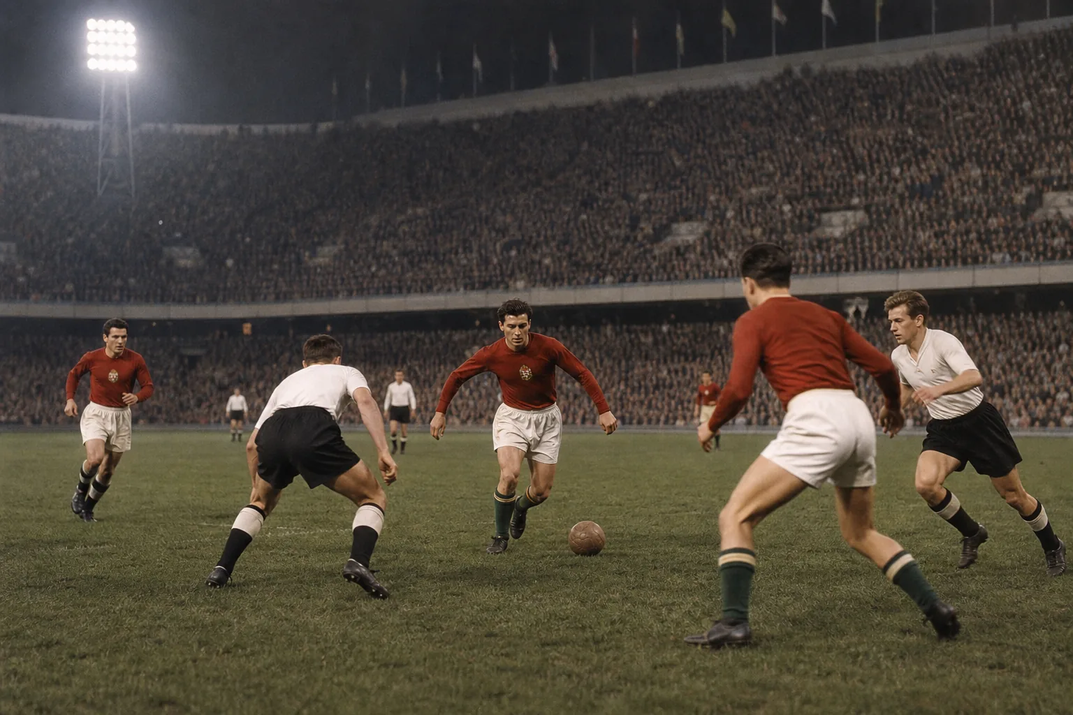 Fictional Hungarian footballers combining through midfield during the Golden Team era