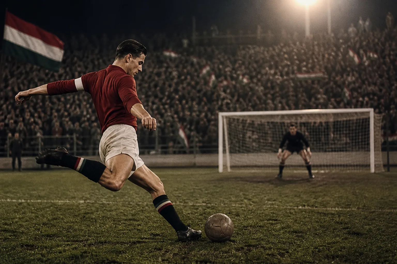 Fictional Hungarian players fighting through rain in the dramatic 1954 World Cup final