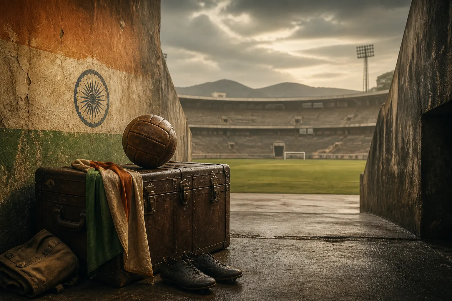 A vintage football and empty stadium suggesting the World Cup India never played in 1950