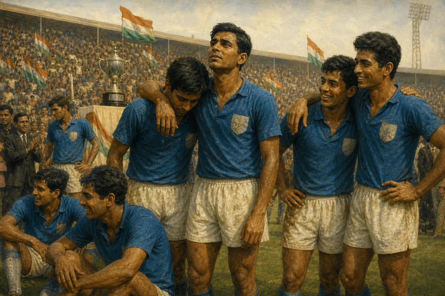 Fictional Indian footballers celebrating their 1964 AFC Asian Cup runner-up finish