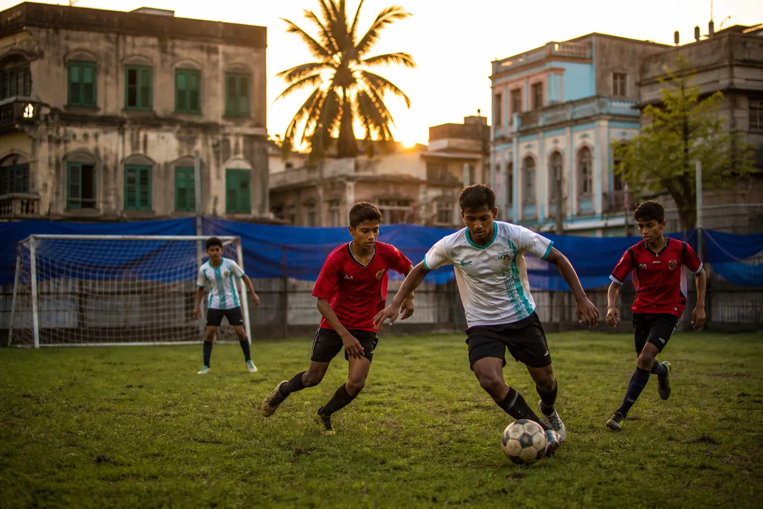 Young fictional Indian footballers playing an energetic evening match in Kolkata