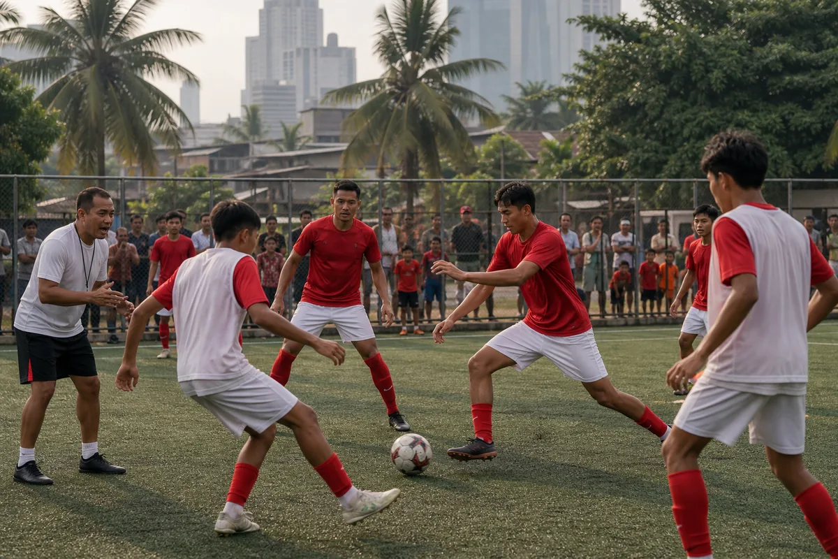 Fictional Indonesian youth and senior footballers training together on a lively urban pitch