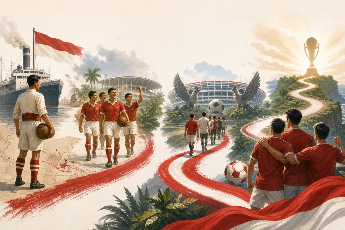 Text-free editorial timeline illustration of Indonesia's 1938 World Cup appearance, Asian Cup returns and modern World Cup dream