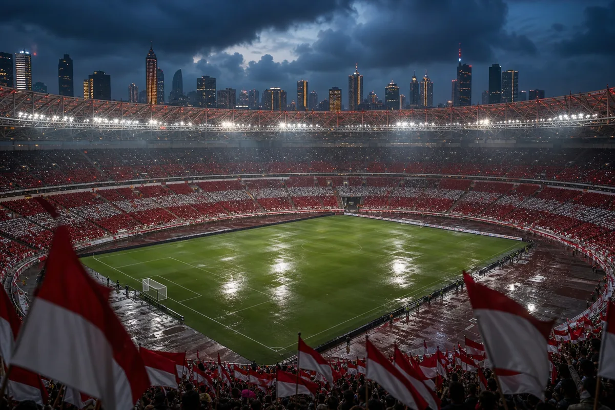 A Jakarta stadium-inspired football ground prepared for an international match with red-and-white flags