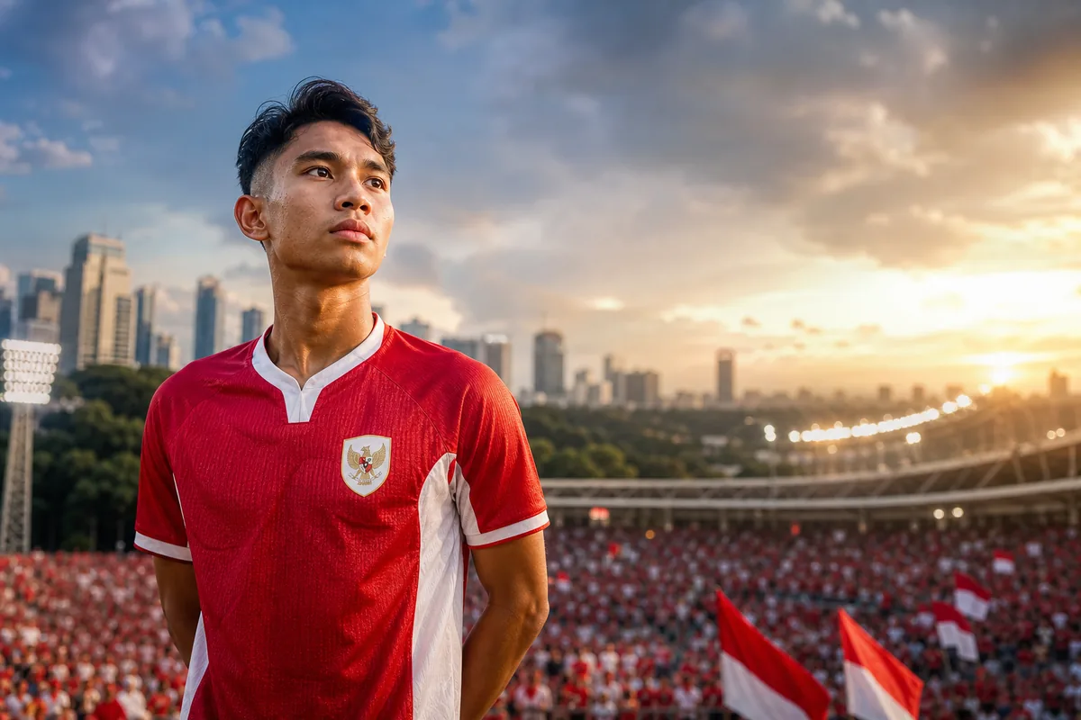A fictional Indonesia national-team attacking midfielder inspired by Marselino Ferdinan standing before a Jakarta stadium with red-and-white flags