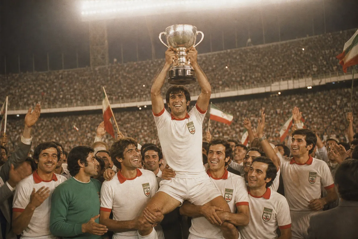 Fictional Iranian players lifting their first Asian Cup trophy in a packed Tehran stadium in a vintage 1960s scene
