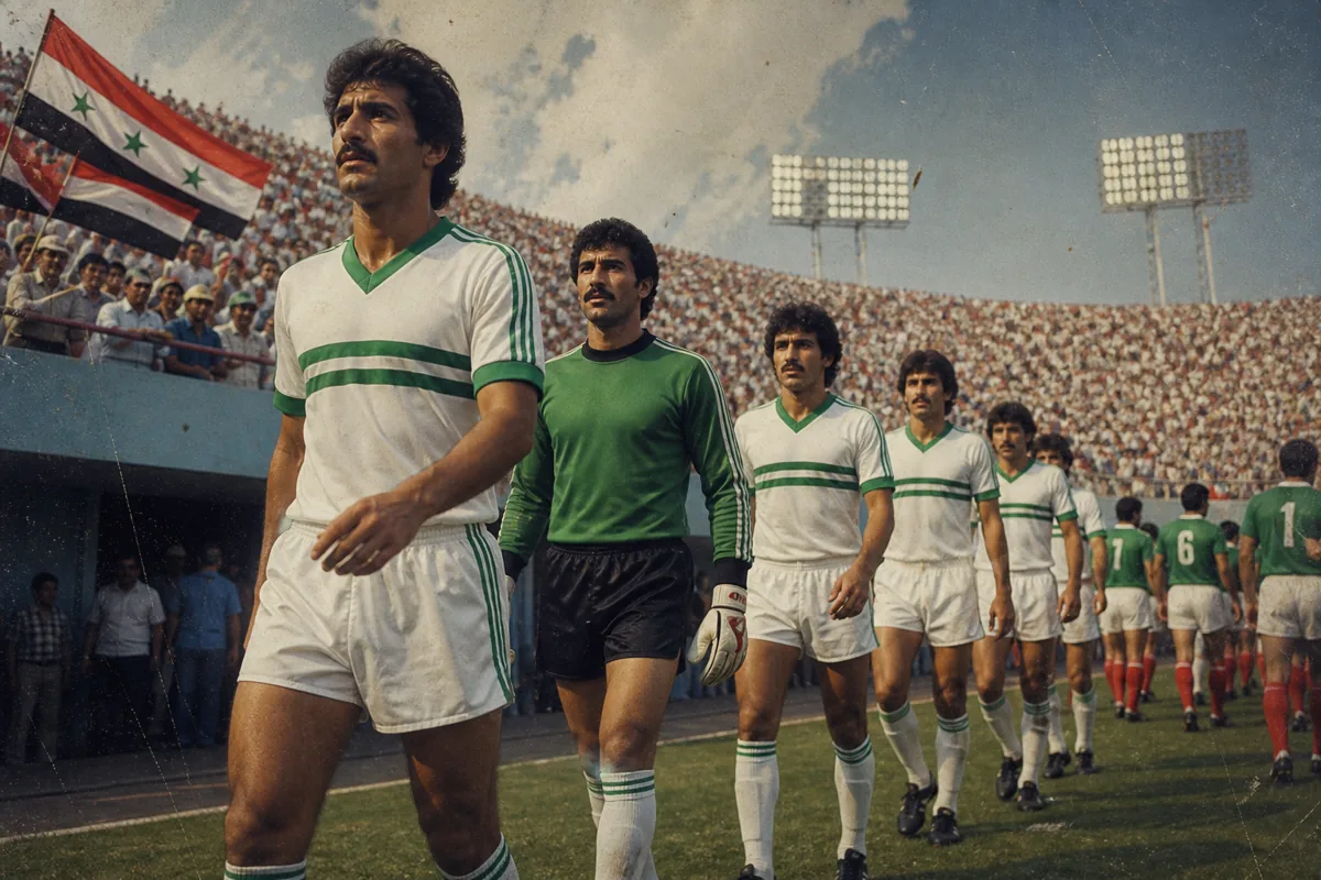 Fictional Iraqi footballers in a retro 1980s kit walking onto a Mexican stadium pitch for their first World Cup