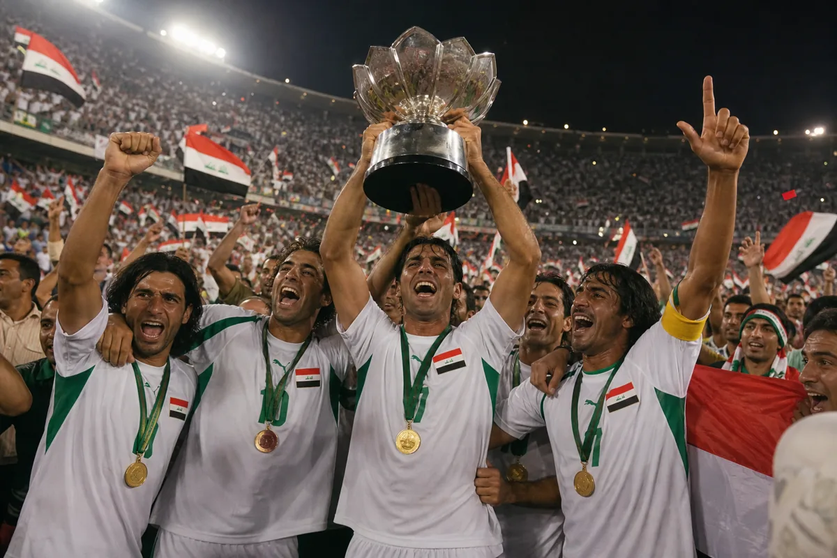 Fictional Iraqi players celebrating and lifting the Asian Cup trophy in a packed stadium in 2007