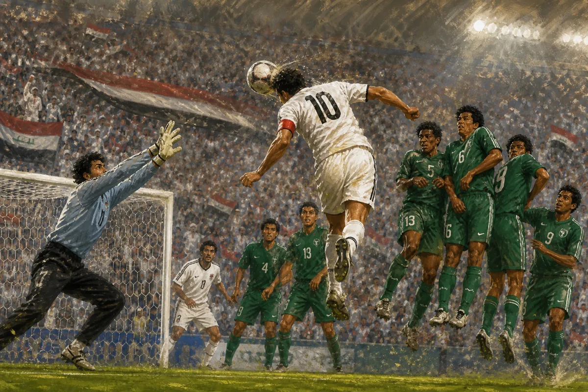 Fictional Iraqi captain scoring a winning header against a Saudi Arabian defensive wall in the 2007 Asian Cup final