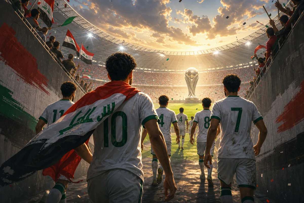 Fictional new-generation Iraqi players emerging from a stadium tunnel toward a bright pitch and a distant trophy