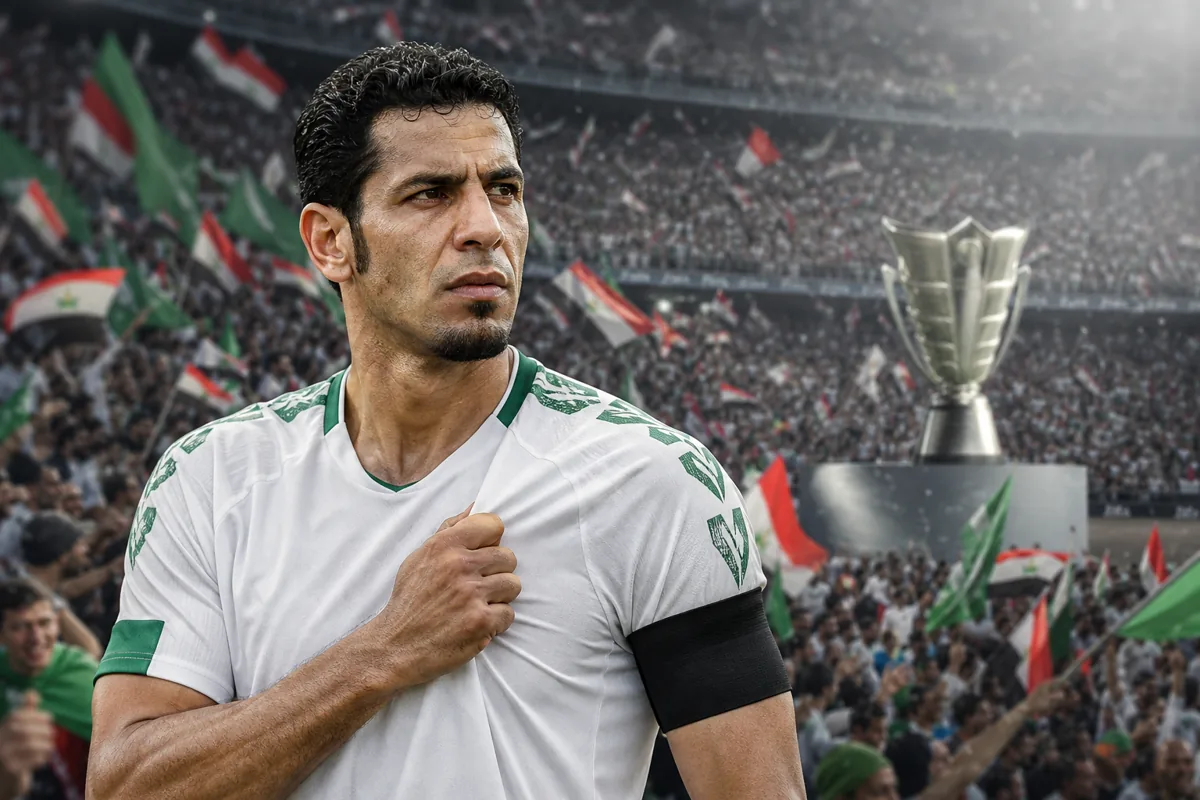 Editorial sports portrait of a fictional Iraqi captain inspired by Younis Mahmoud in a packed stadium with an Asian Cup trophy behind him