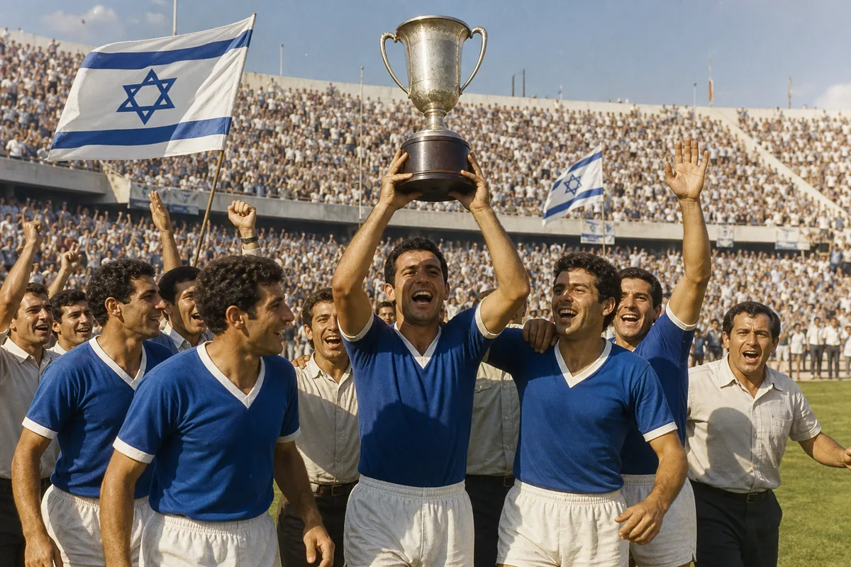 Fictional Israeli players lifting the 1964 Asian Cup trophy before a jubilant home crowd