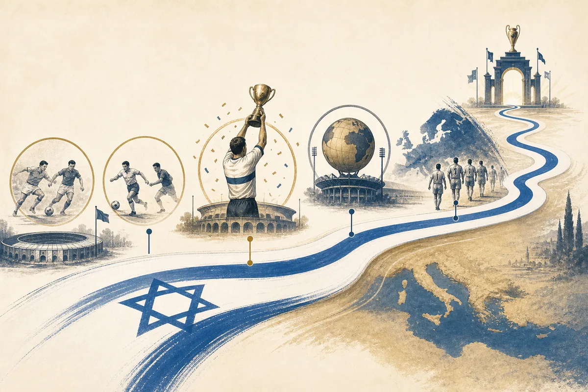 Text-free editorial timeline illustration of Israel's path from Asian Cup finals to the 1964 title, 1970 World Cup and UEFA era