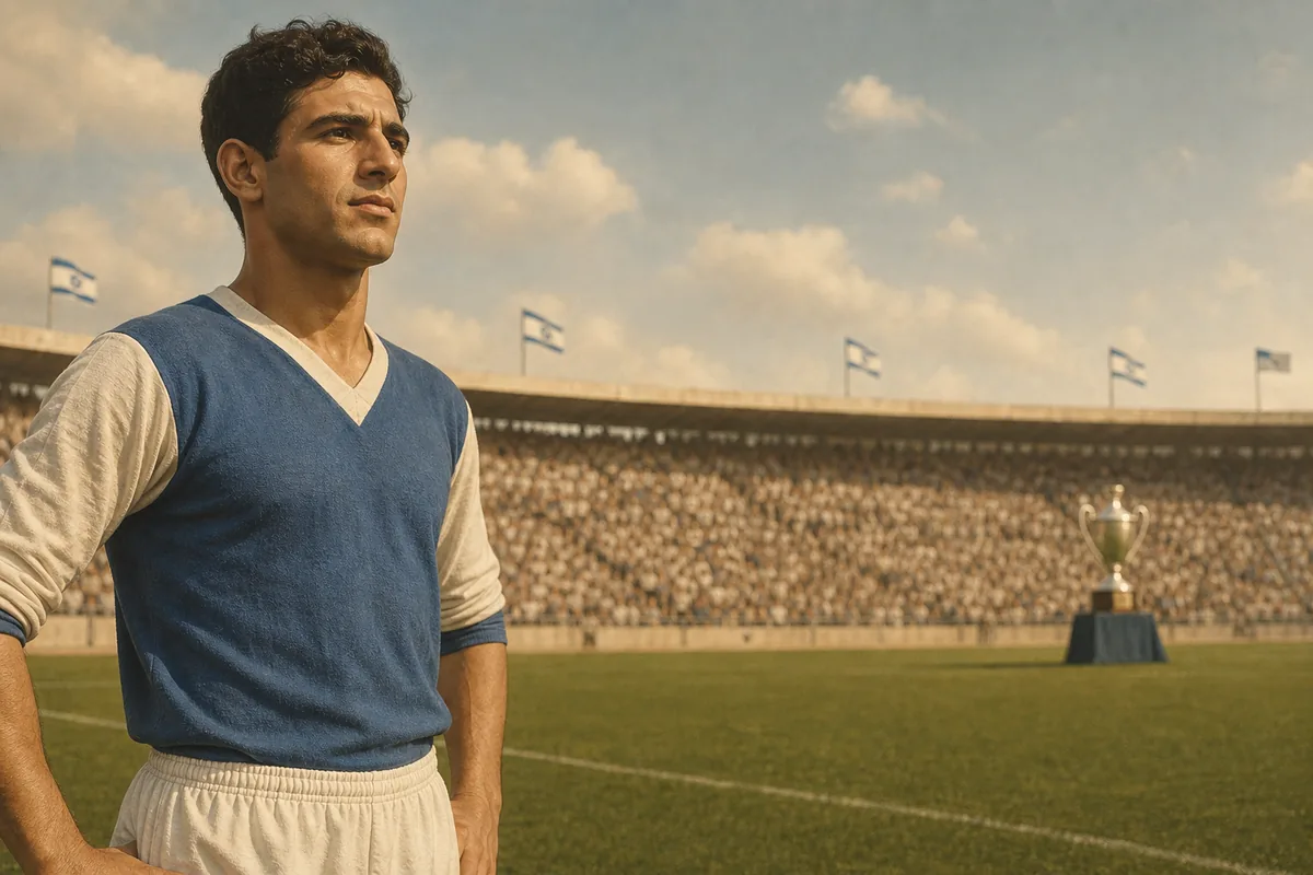 A fictional Israeli national-team forward inspired by Mordechai Spiegler in a 1960s blue-and-white kit beside the Asian Cup trophy