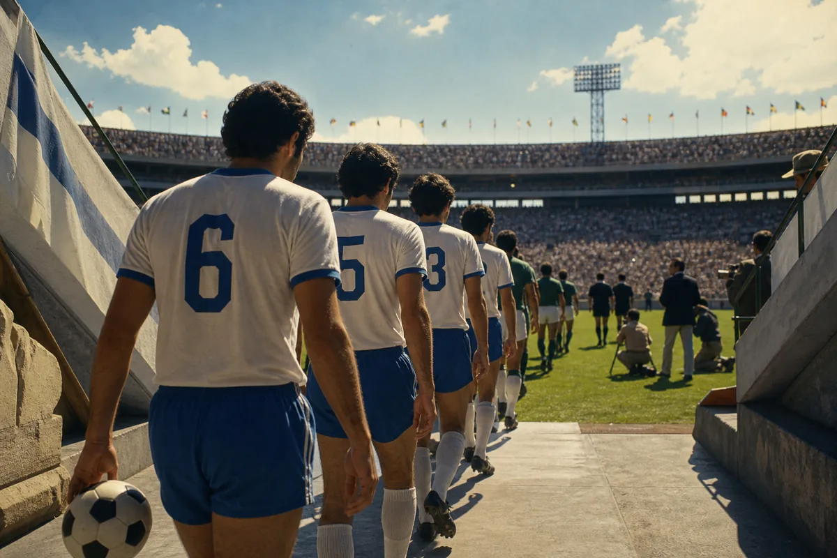 Fictional Israeli players walking onto the pitch at the 1970 World Cup in Mexico
