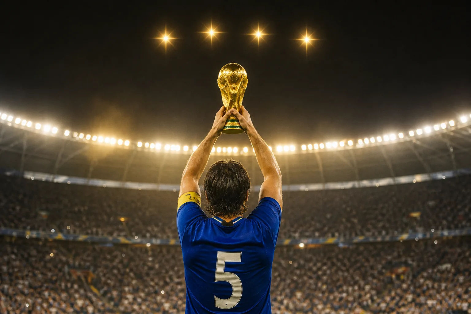 A fictional Italian captain lifting the World Cup trophy after the 2006 final in Berlin