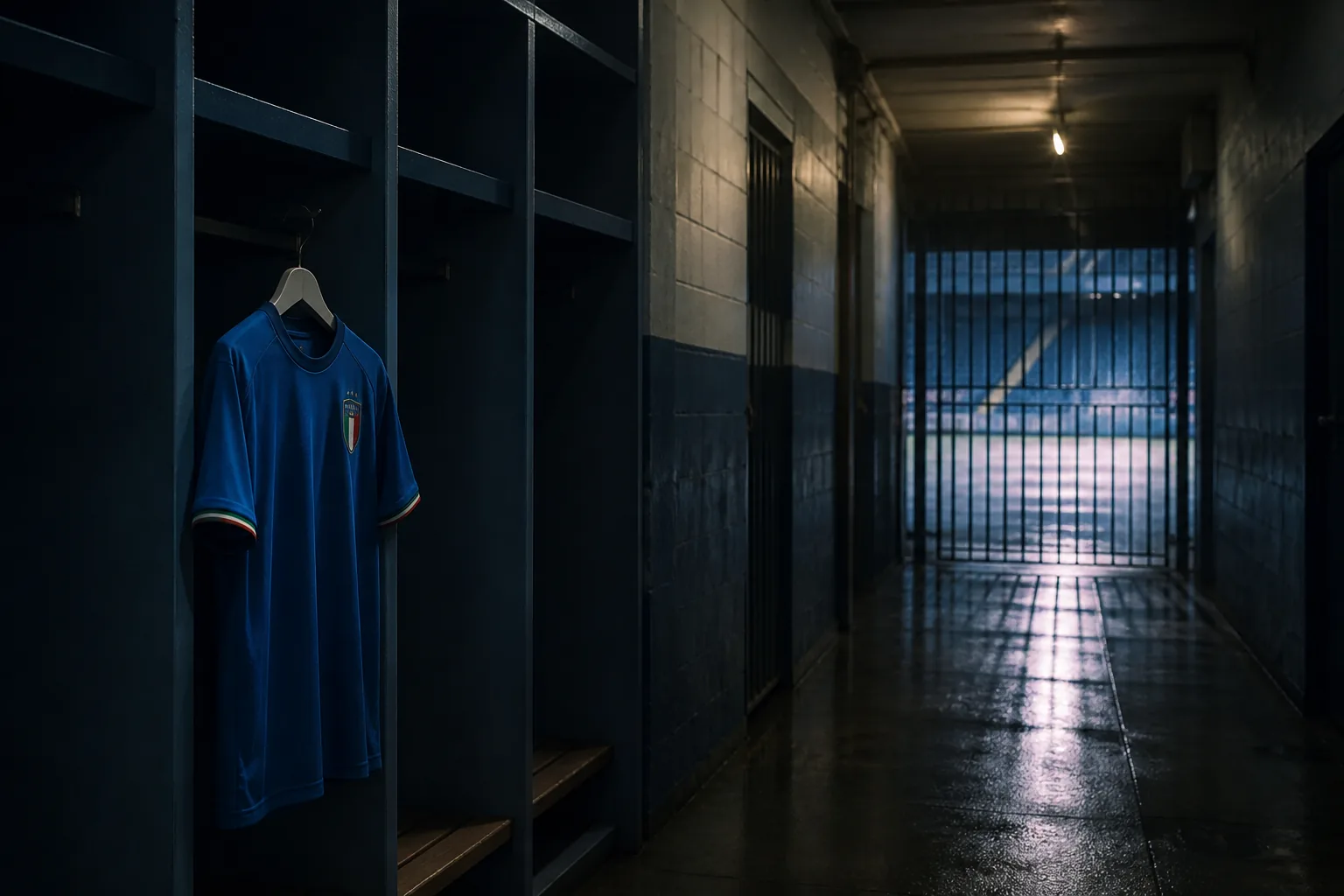 An empty stadium corridor with a solitary blue football shirt after Italy's 2018 World Cup absence