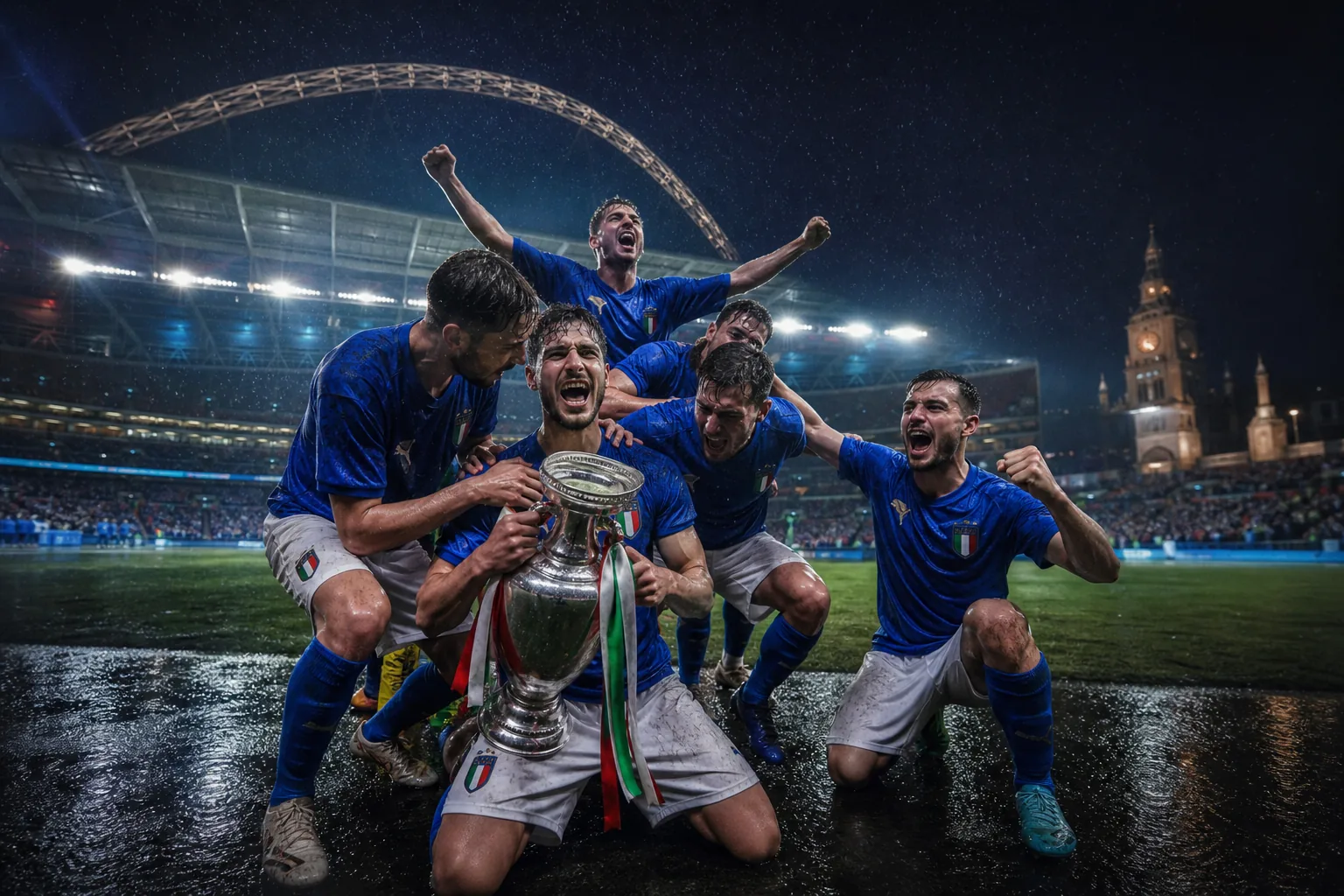Fictional Italian players celebrating the Euro 2020 victory around a continental trophy at Wembley