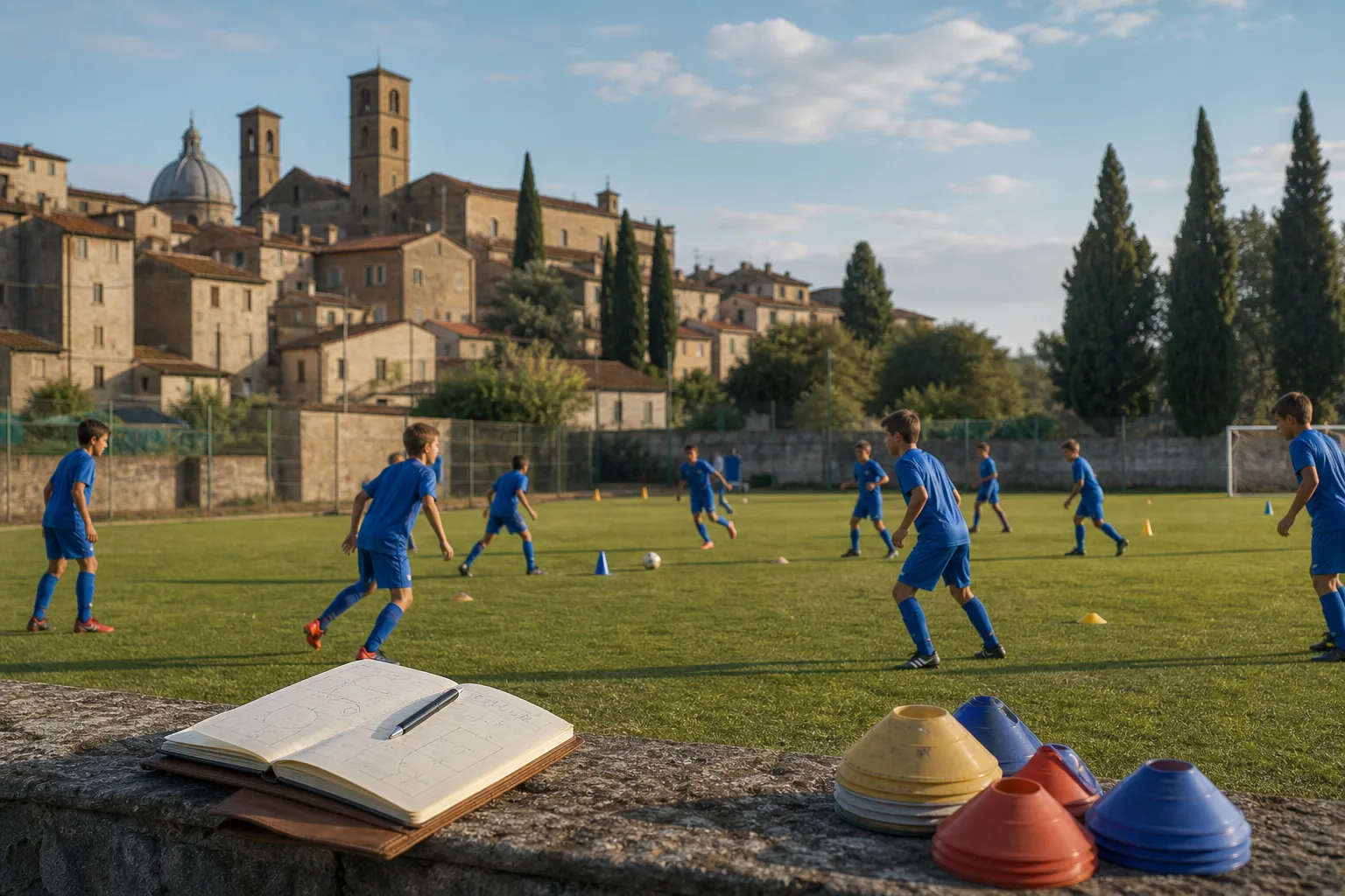 Fictional young Italian players learning a passing drill on a community pitch beside an old Mediterranean town