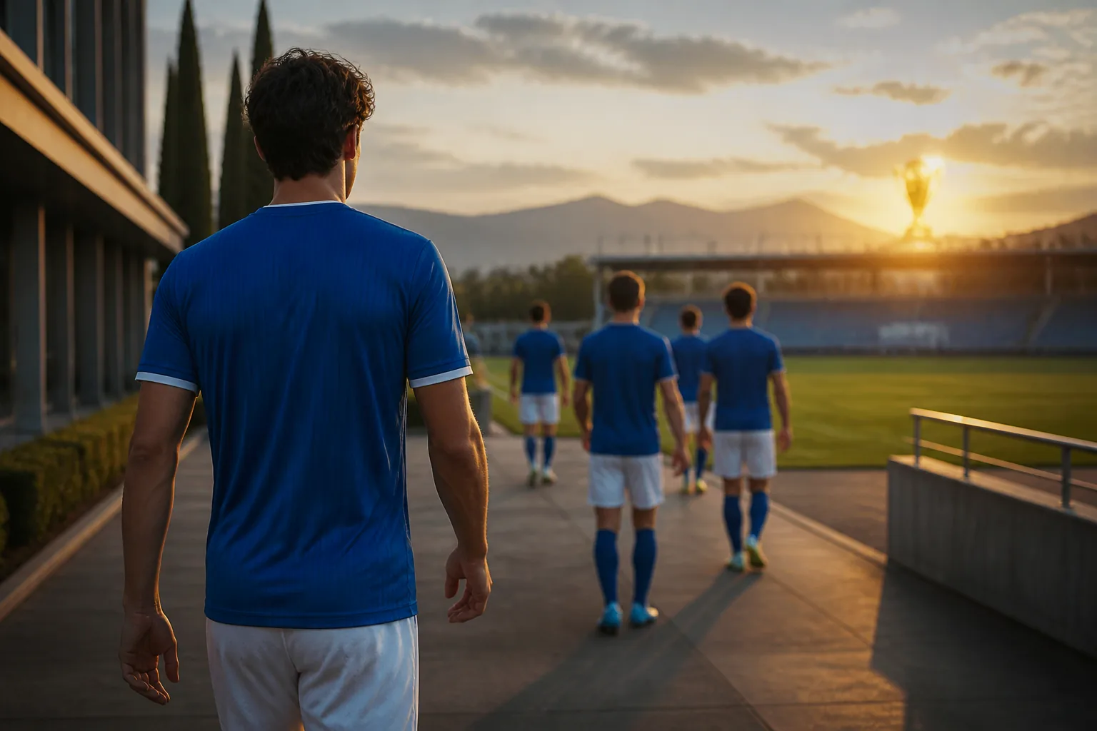 A fictional young Italian footballer walking toward a bright training pitch and a distant world trophy