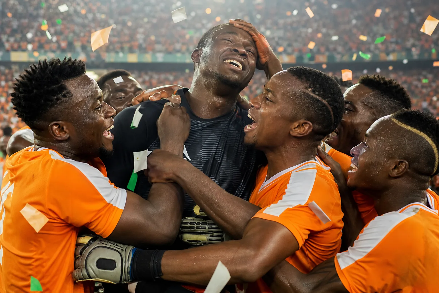 Fictional Ivory Coast teammates embracing their goalkeeper after winning the 2015 Africa Cup of Nations