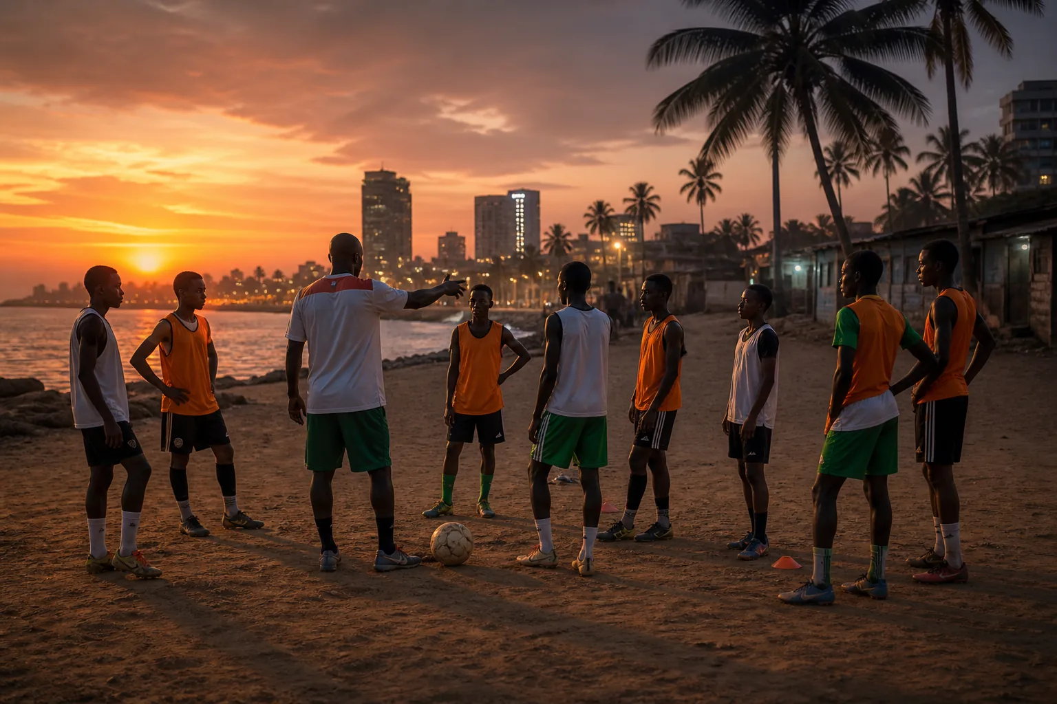Young Ivorian footballers training on a community pitch beside the Abidjan coast at sunset