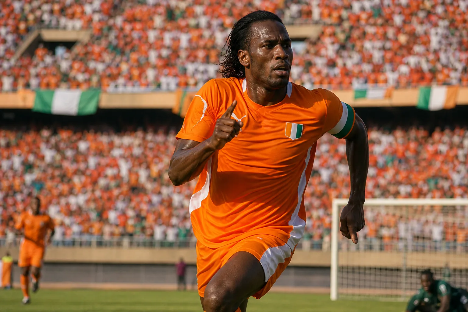 A fictional Ivory Coast national-team star striker inspired by Didier Drogba leading an attack in Abidjan