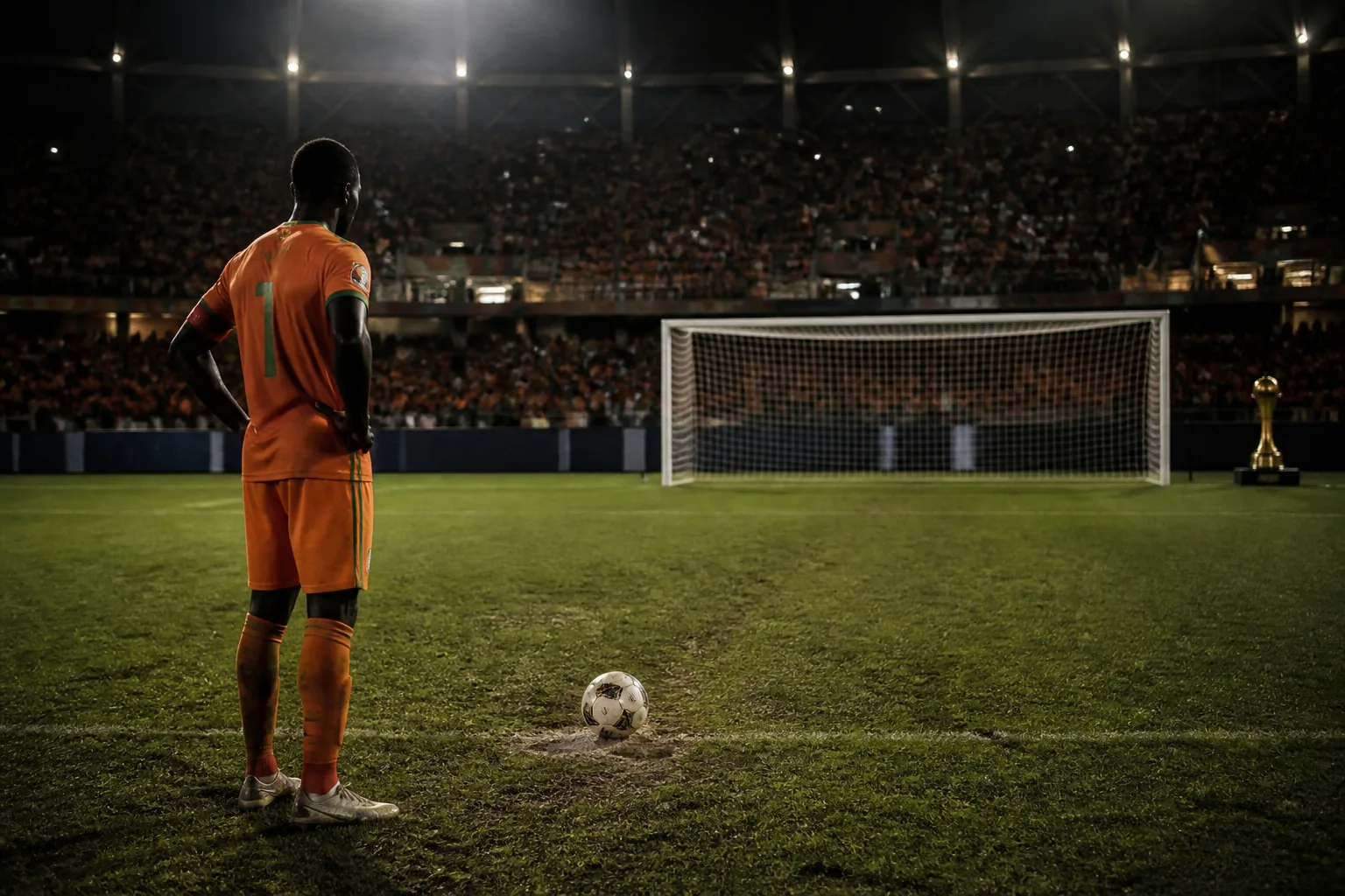 A fictional Ivory Coast captain standing beside the penalty spot after a final defeat under stadium lights
