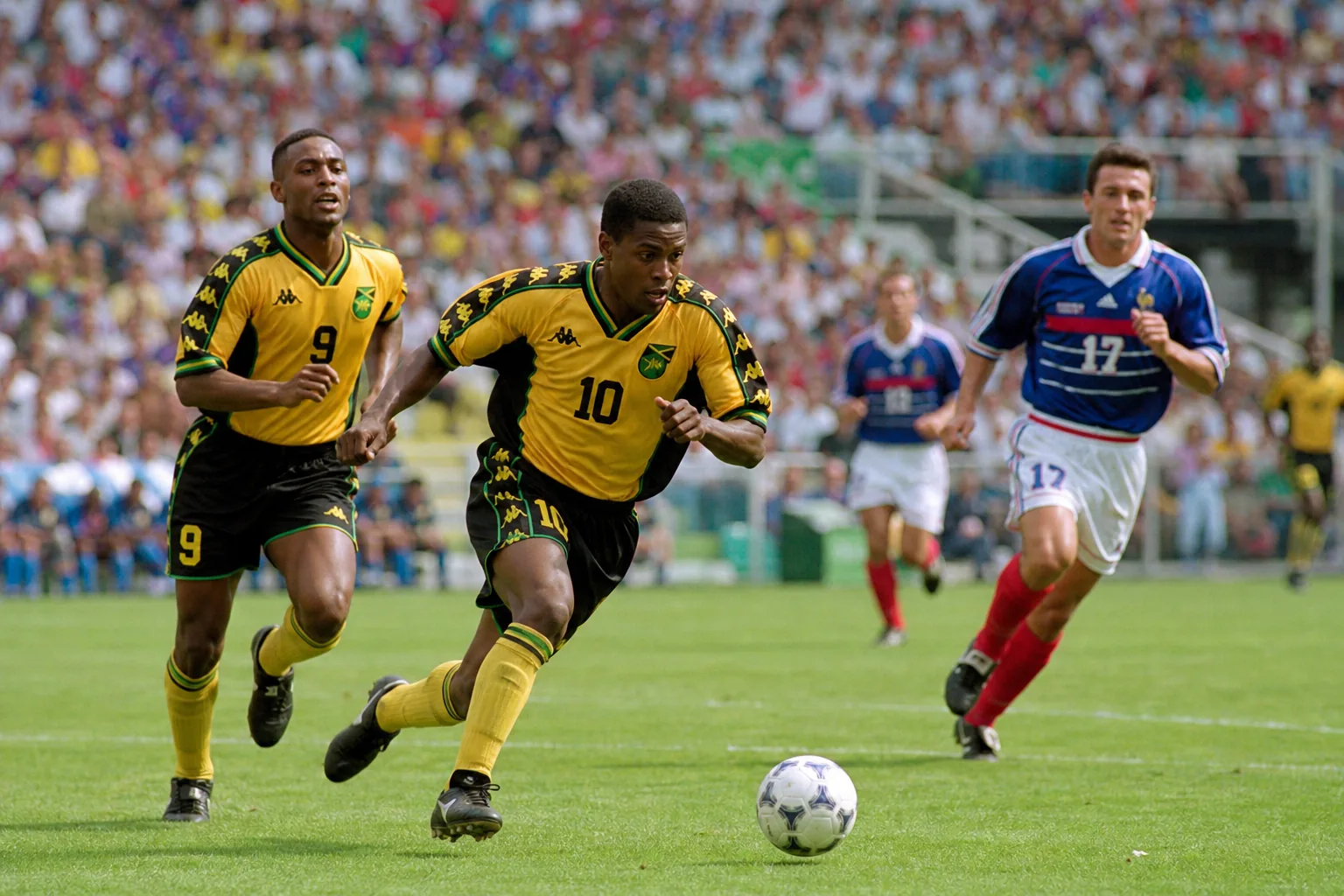 Jamaica Reggae Boyz making their historic 1998 World Cup debut in a packed French stadium