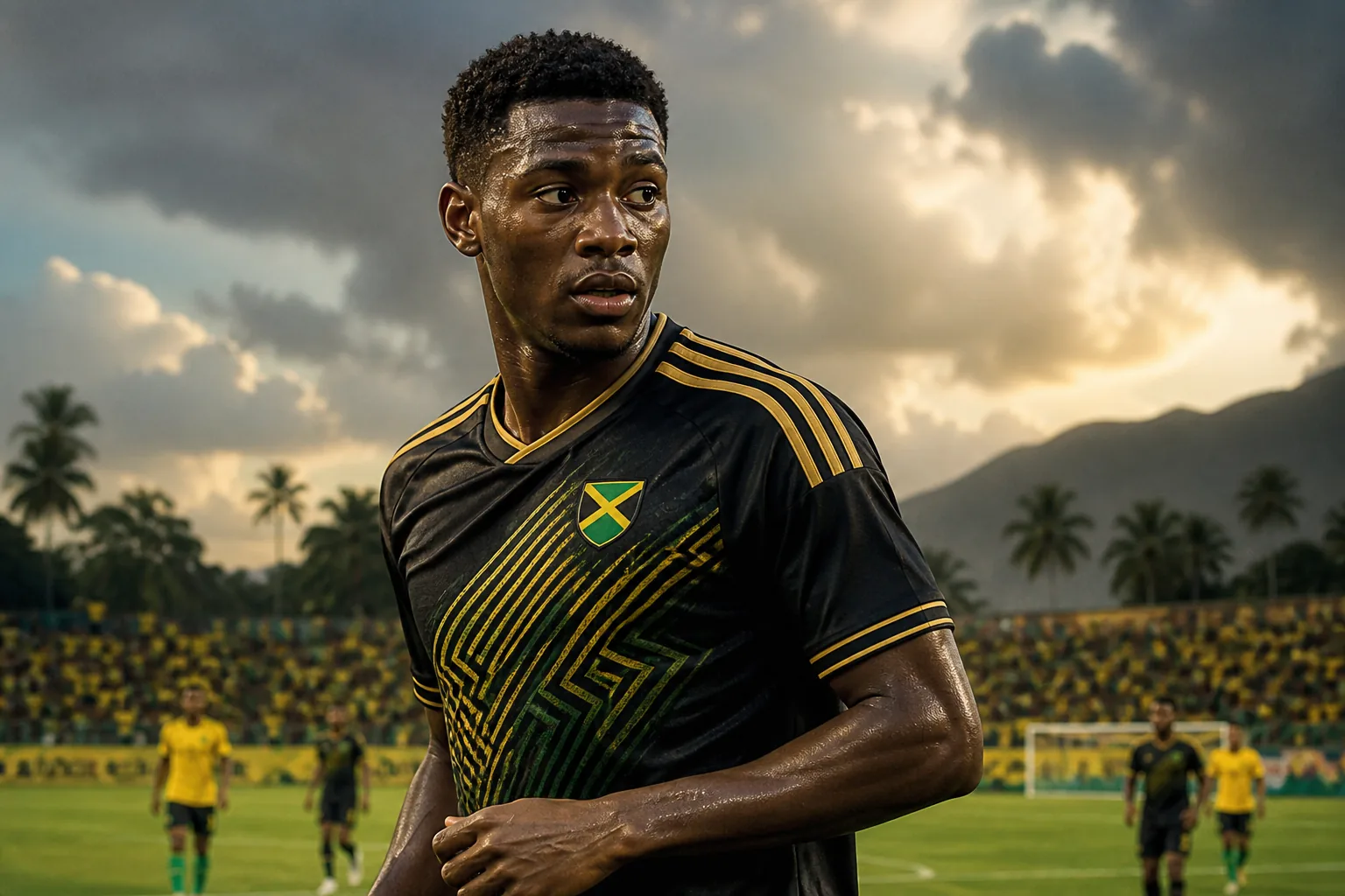 Next generation of Jamaican footballers training on a community pitch in black and gold