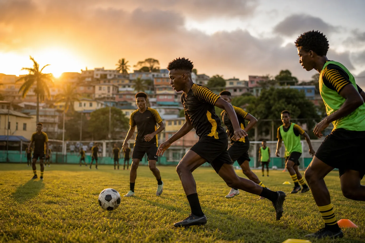 A fictional editorial portrait inspired by Jamaica midfielder Theodore Whitmore in a black-and-gold Reggae Boyz kit