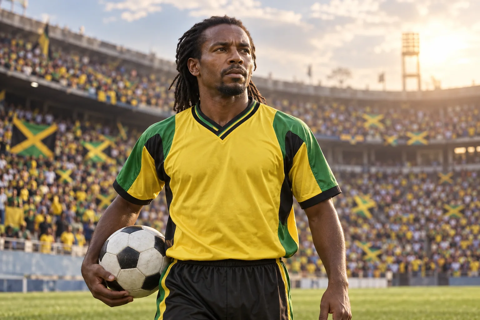 A fictional editorial portrait inspired by Jamaica midfielder Theodore Whitmore in a black-and-gold Reggae Boyz kit