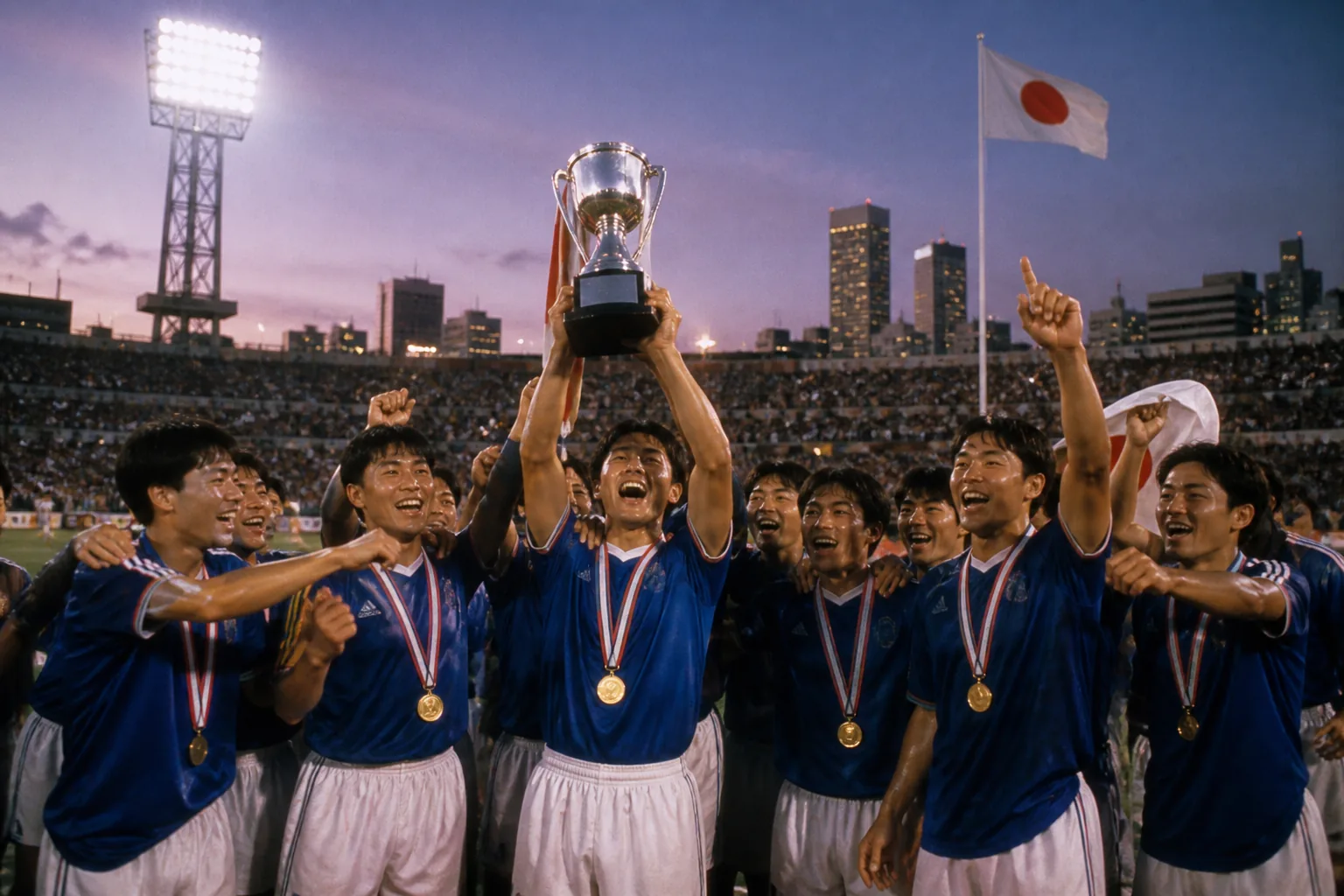 Fictional Japanese players celebrating their first Asian Cup title on home soil in 1992