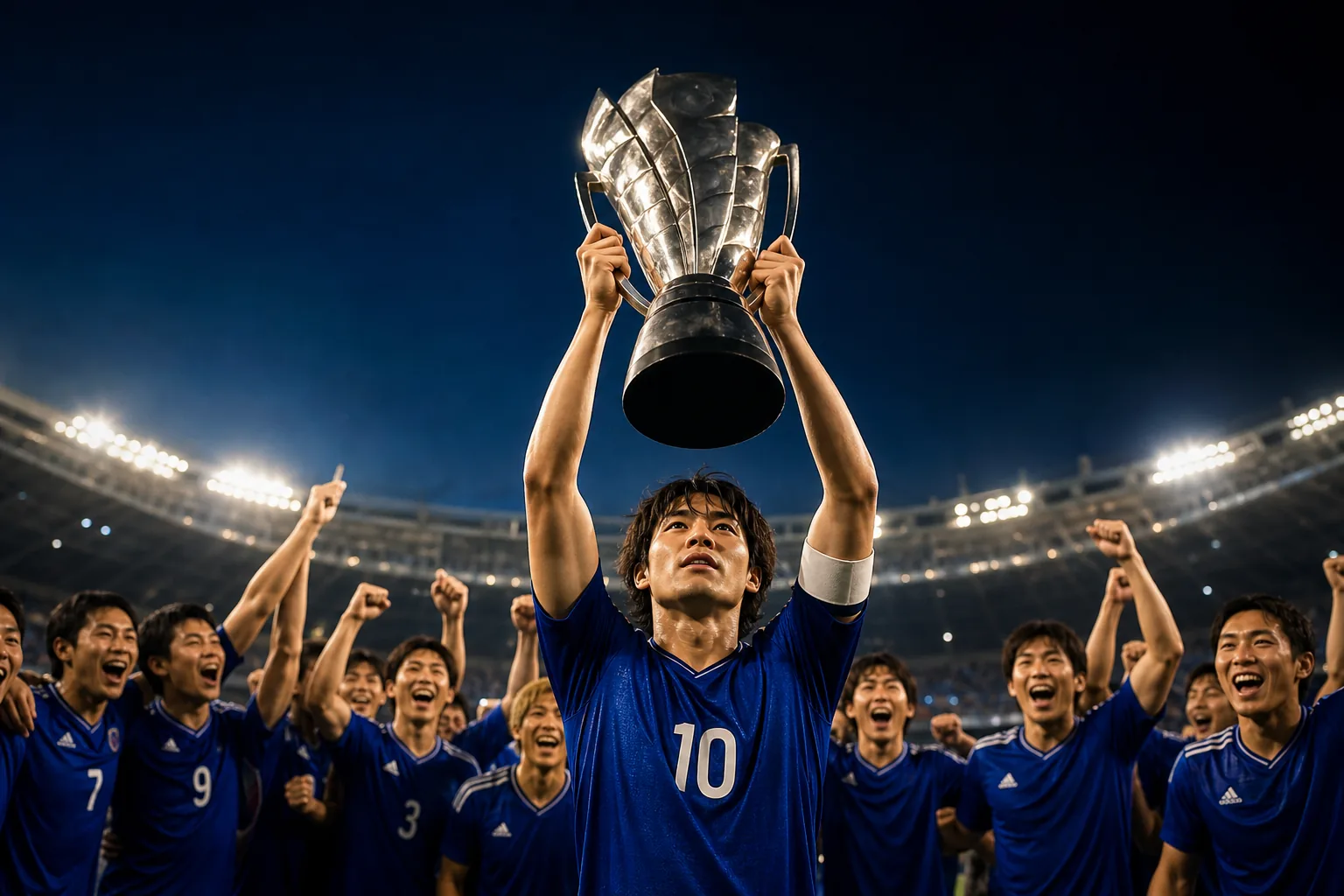 A fictional Japanese captain lifting the AFC Asian Cup trophy after the 2011 final