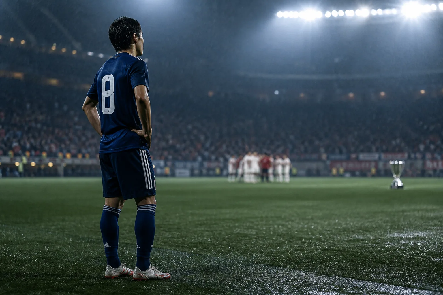 A fictional Japanese player standing on a rain-darkened pitch after the 2019 Asian Cup final
