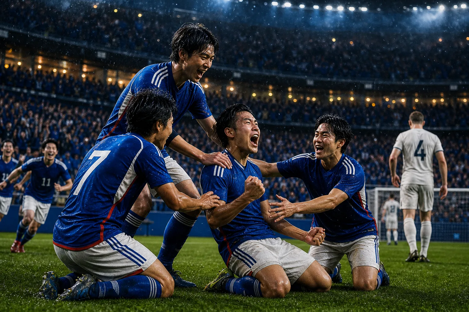 Fictional Japanese players celebrating a decisive World Cup goal under dramatic stadium lights
