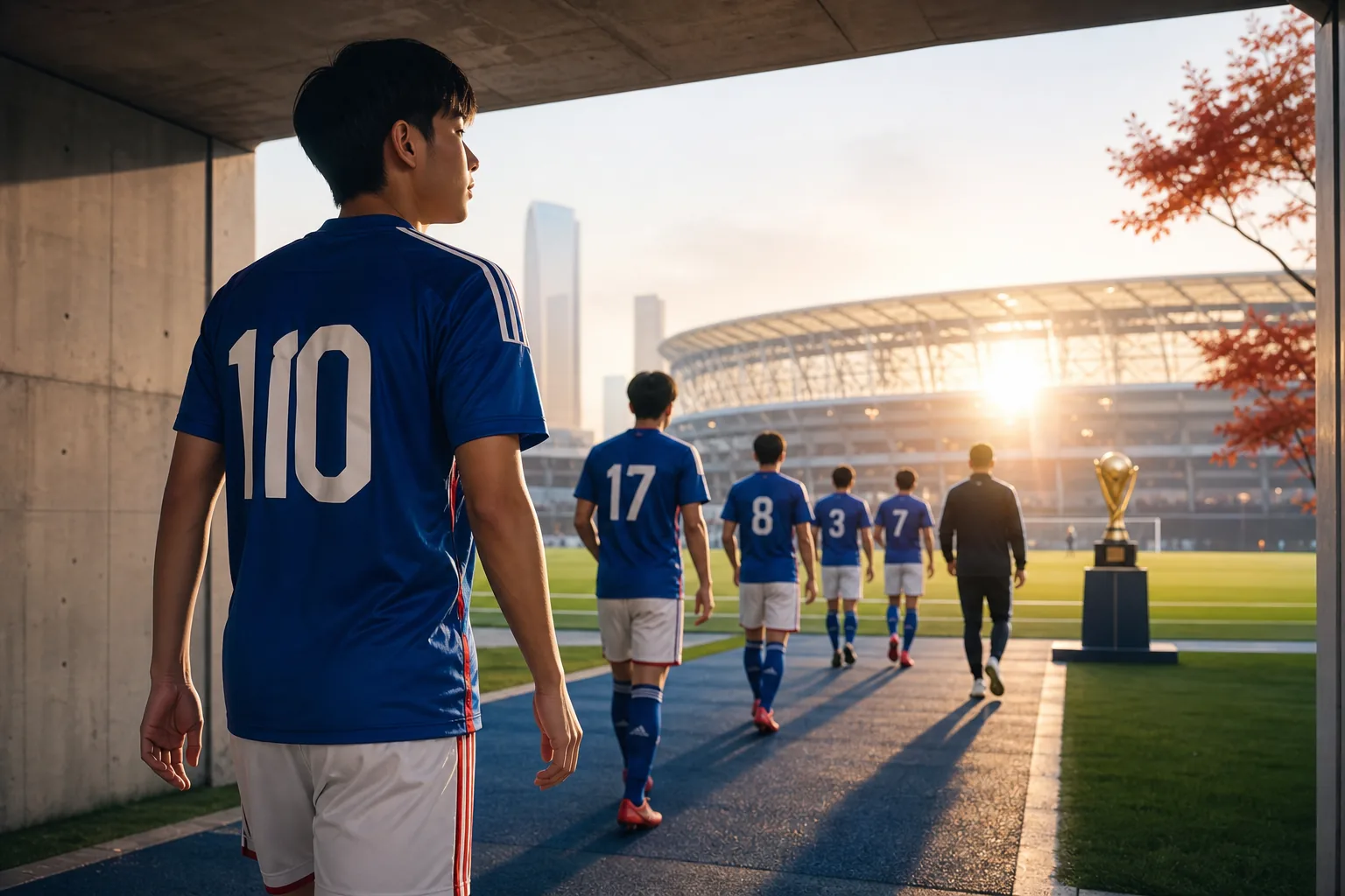 A fictional young Japanese footballer walking toward a bright stadium and a distant trophy