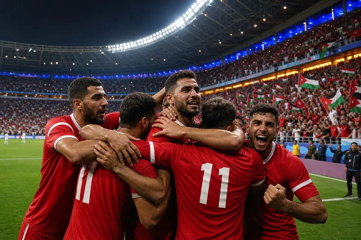 Fictional Jordan players celebrating their dramatic 2023 Asian Cup semifinal victory over South Korea