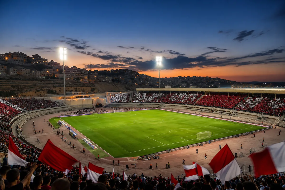 An Amman International Stadium-inspired football ground prepared for a major AFC match among the hills