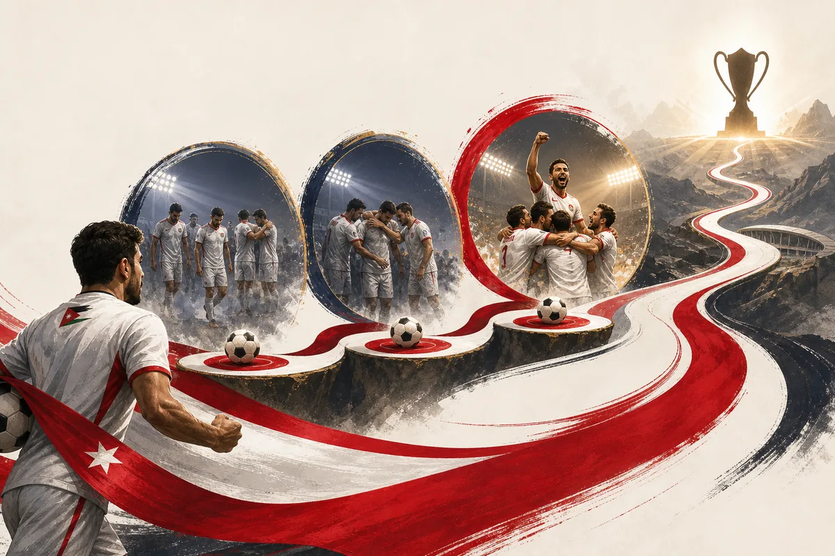 Text-free editorial timeline illustration of Jordan's Asian Cup quarter-final runs, 2023 final and first-title target
