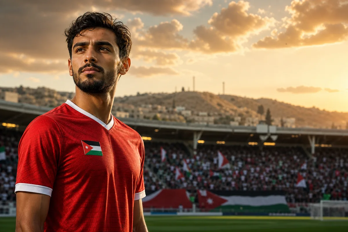 A fictional Jordan national-team winger inspired by Mousa Al-Taamari standing before an Amman stadium with red-and-white flags