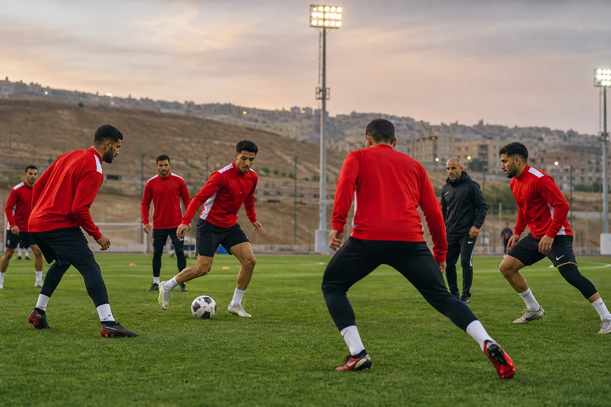 Fictional Jordan national-team players and coach working through a focused transition drill