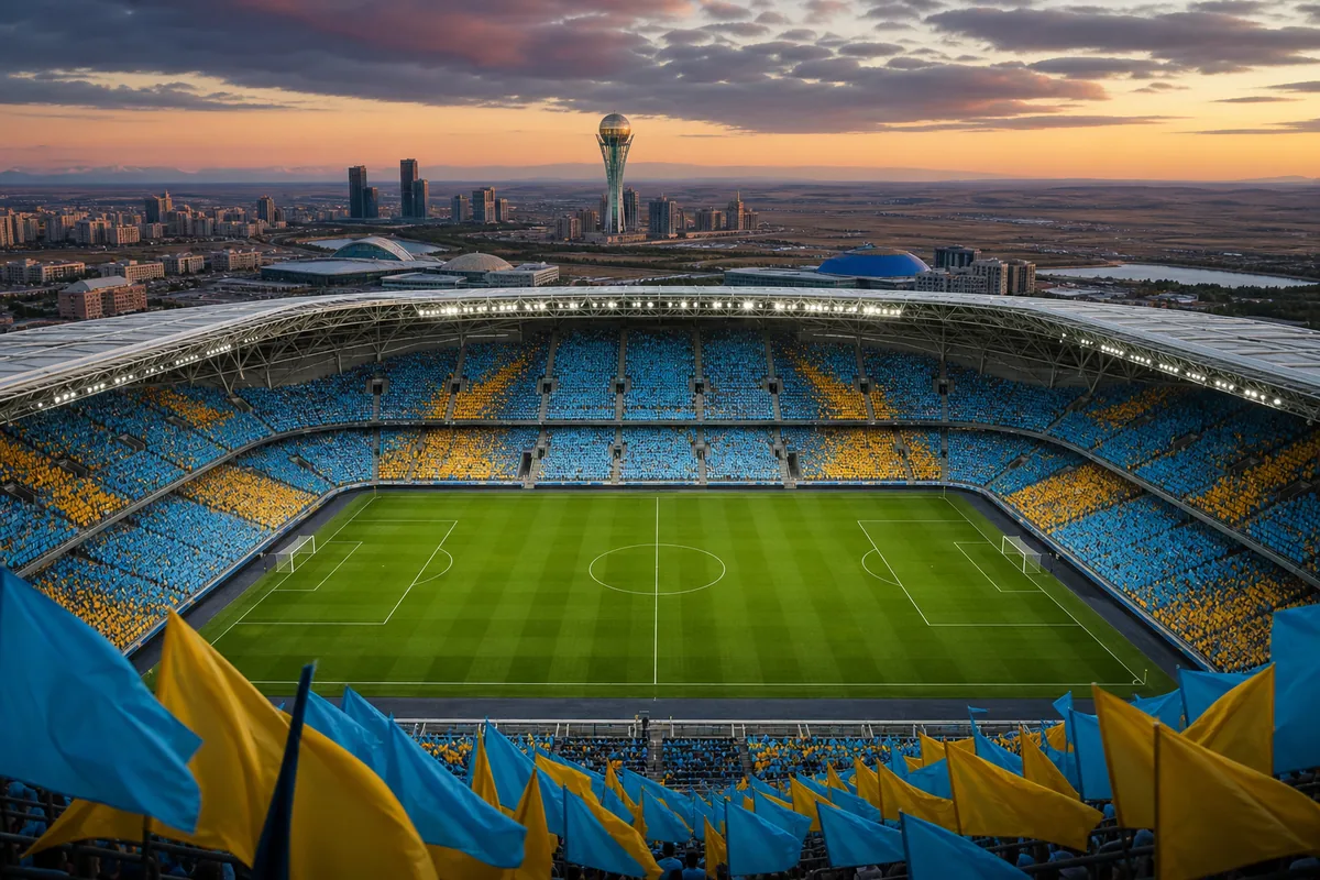 A modern Astana football stadium prepared for an international match with Kazakhstan blue-and-gold flags